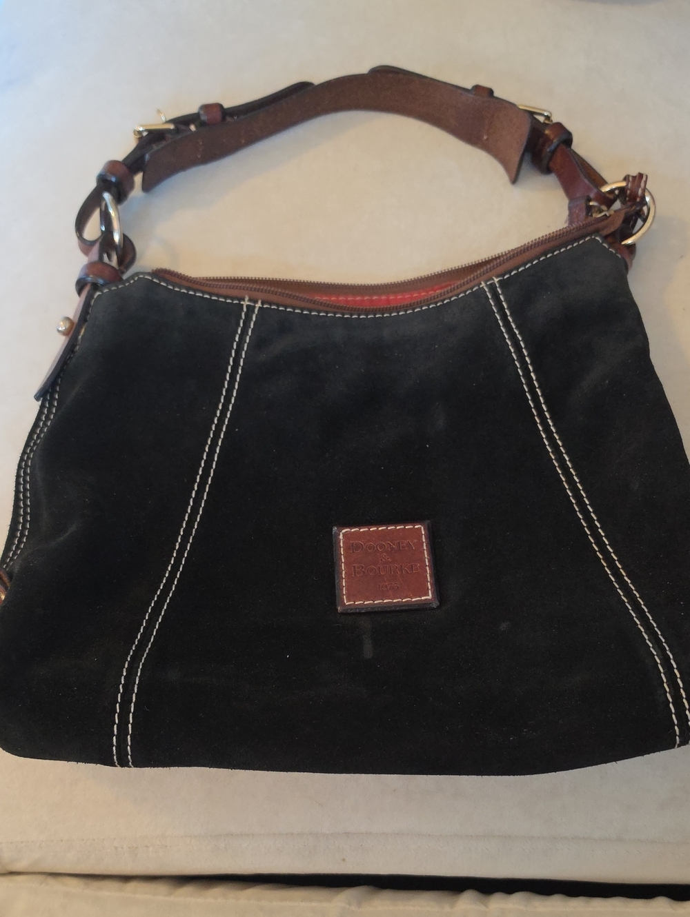 DOONEY & BOURKE  Black Suede Shoulder Bag with Brown Leather Trim EUC